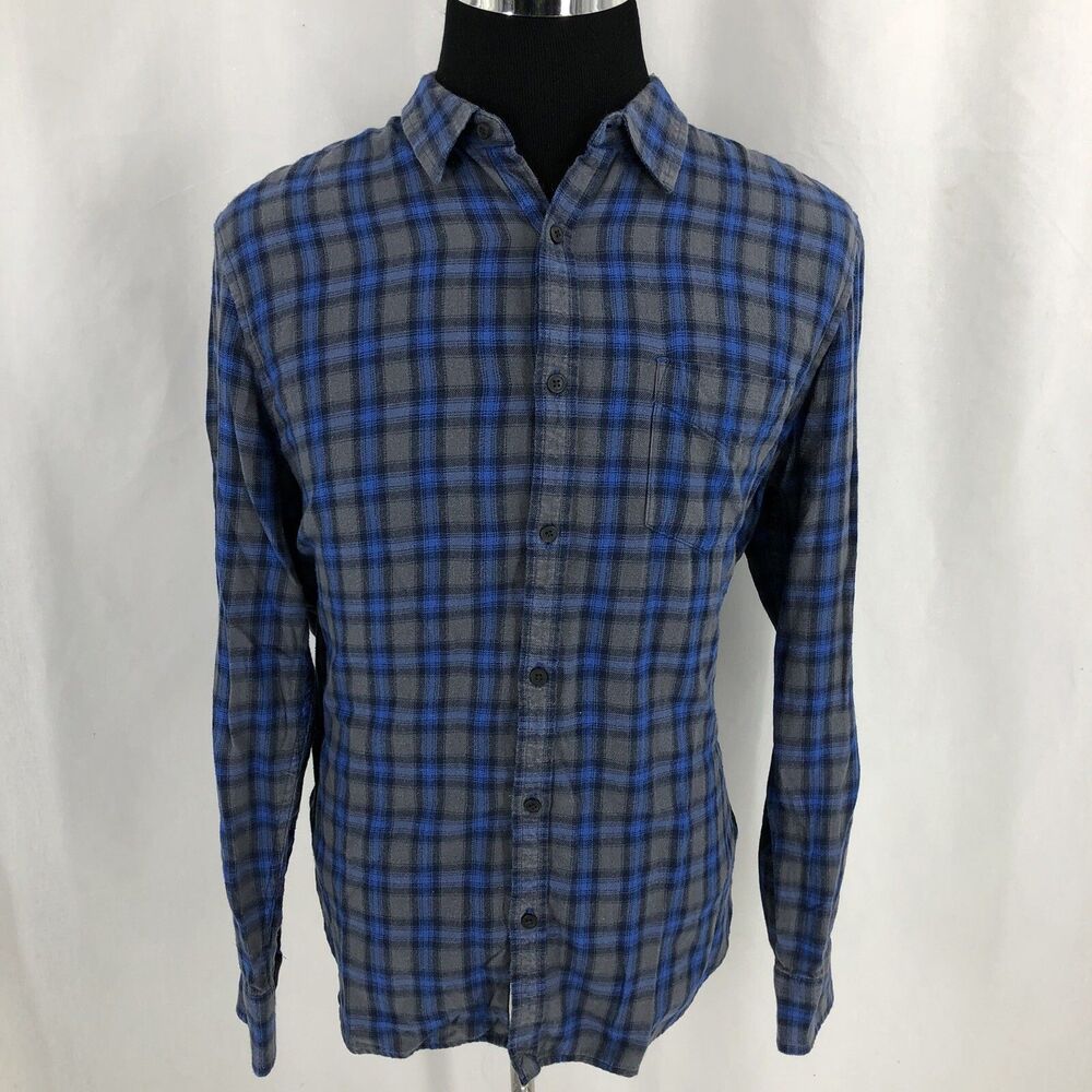 Lucky Brand Classic Blue Gray Plaid Flannel Long Sleeve Shirt 7MP4057 Large